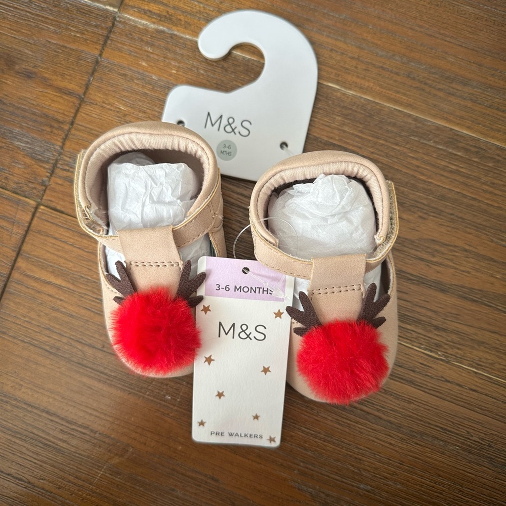 Marks & Spencer Beige Baby Pre-Walker Shoes with Red Pom Pom